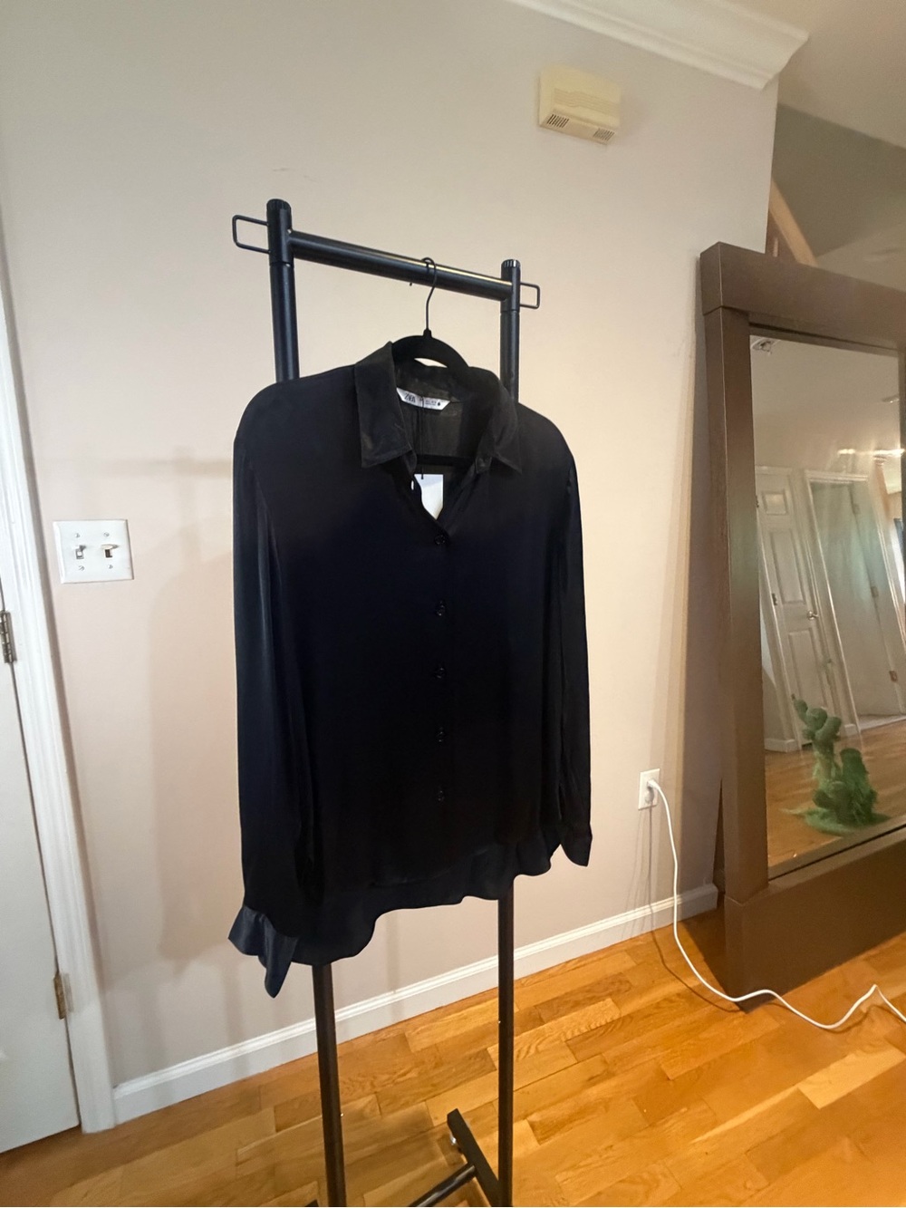 Zara Satin Effect Black Long Sleeve Button-Up Blouse